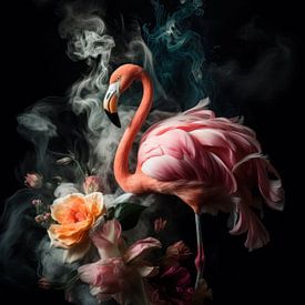 Flamingo in een Explosie van Bloemen en Kleuren van Eva Lee
