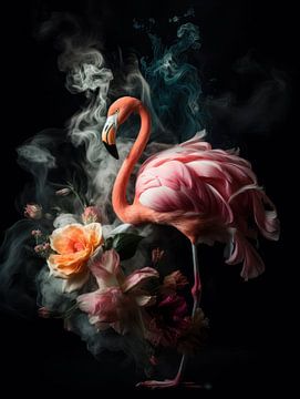 Flamingo in einer Explosion von Blumen und Farben von Eva Lee
