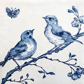 Delfter Blau Kunstwerk: Fliese mit Vögeln, Blumen und Schmetterling von Vlindertuin-Art
