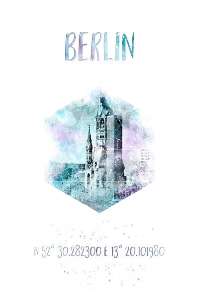 Coördinaten BERLIN Memorial Church | Aquarel van Melanie Viola