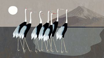 Japan cranes on gray by Mad Dog Art
