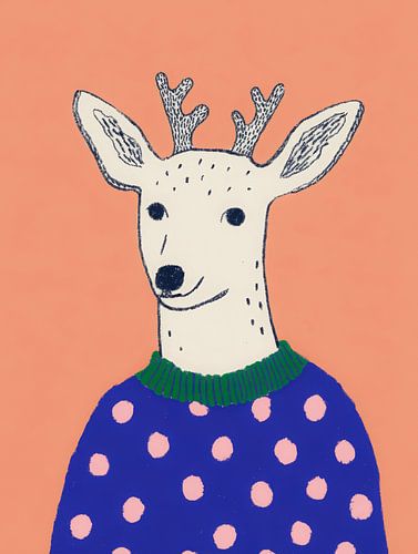 Cerf joyeux en pull bleu - illustration moderne et ludique de l'hiver