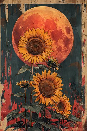 Retro gestileerde zonnebloemen voor maanillustratie