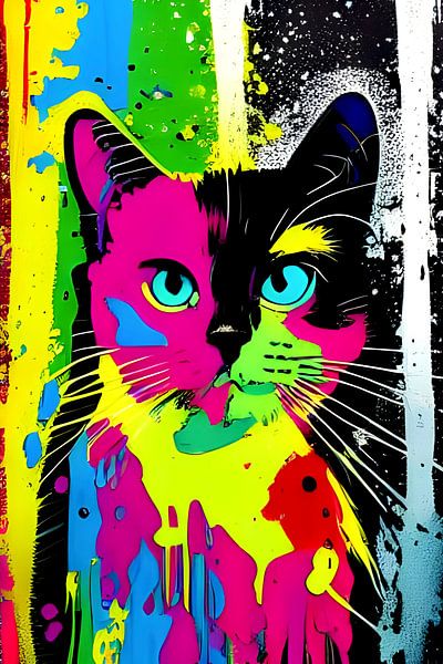 Porträt einer Katze X - buntes Pop-Art-Graffiti von Lily van Riemsdijk - Art Prints with Color