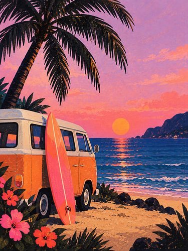 A campervan on the beach – a summer of surfing at sunset
