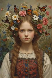 Mädchen mit Schmetterlingen und Blumen