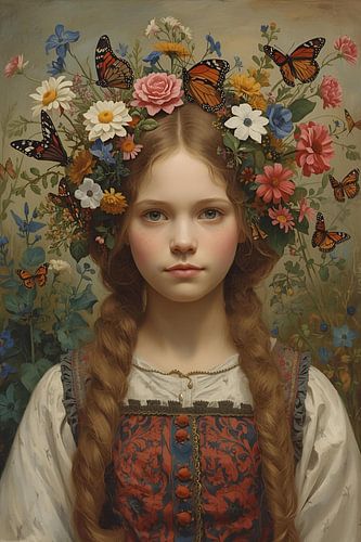 Meisje met vlinders en bloemen