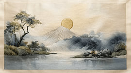 Japanische Stickkunst: Anmutige Landschaft mit dem Berg Fuji von Studio Pieternel