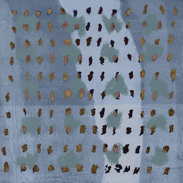 Abstract patroon in oker en mintgroen op blauw van Dina Dankers