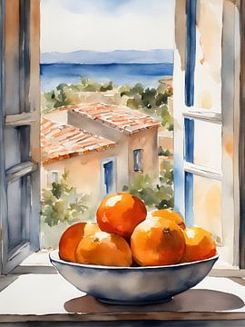 Bowl with oranges in a window, watercolour by Kim Karol / Ohkimiko