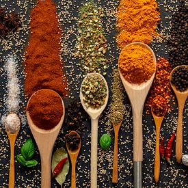 Fragrant and colourful spices and herbs on ladles by Francis Dost