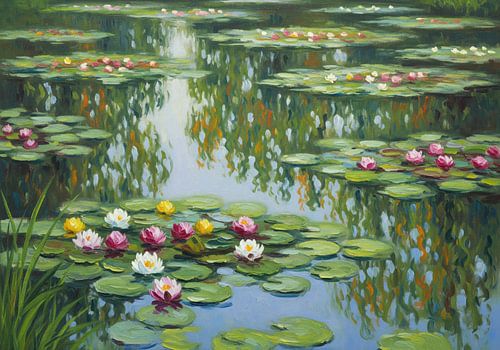 Schilderij van waterlelies en vijverreflectie