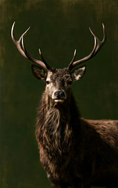 Cerf élaphe majestueux – Portrait animalier saisissant avec des bois sur fond vert foncé sur Danny van Eldik