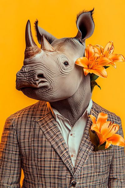 Elegant man with rhinoceros head and flowers by Poster Art Shop