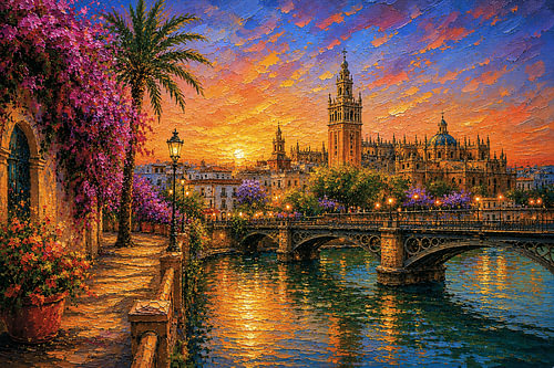 Seville at night painting – A beautiful city in Spain.