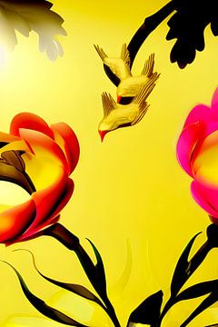 Jaune vif et fleurs I - oiseau plongeant parmi les fleurs - illustration art print sur Lily van Riemsdijk - Art Prints with Color