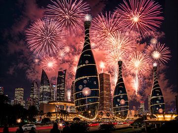 Spectaculaire Stadsverlichting: Vuurwerk boven de Skyline van Retrotimes