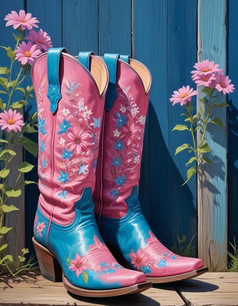 A pair of retro cowboy boots in floral pattern. by J.a Dijkstra