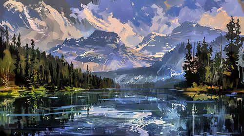 Digitaal schilderij van een adembenemend berglandschap
