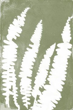 Witte varens in Japanse stijl. Moderne botanische kunst in pastel warm groen en wit. van Dina Dankers