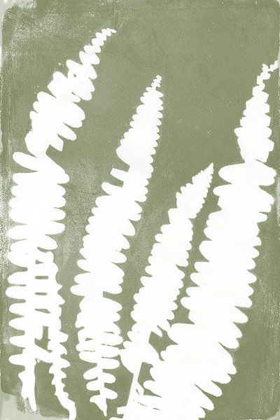 White ferns   in Japandi style. Modern botanical  art in pastel warm green and white. by Dina Dankers