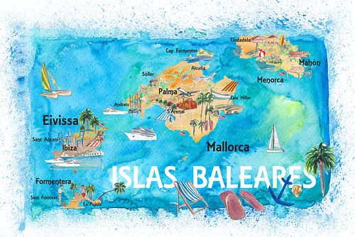 Illustrierte Reisekarte der Balearen mit Sehenswürdigkeiten und Höhepunkten von Mallorca Ibiza Menor