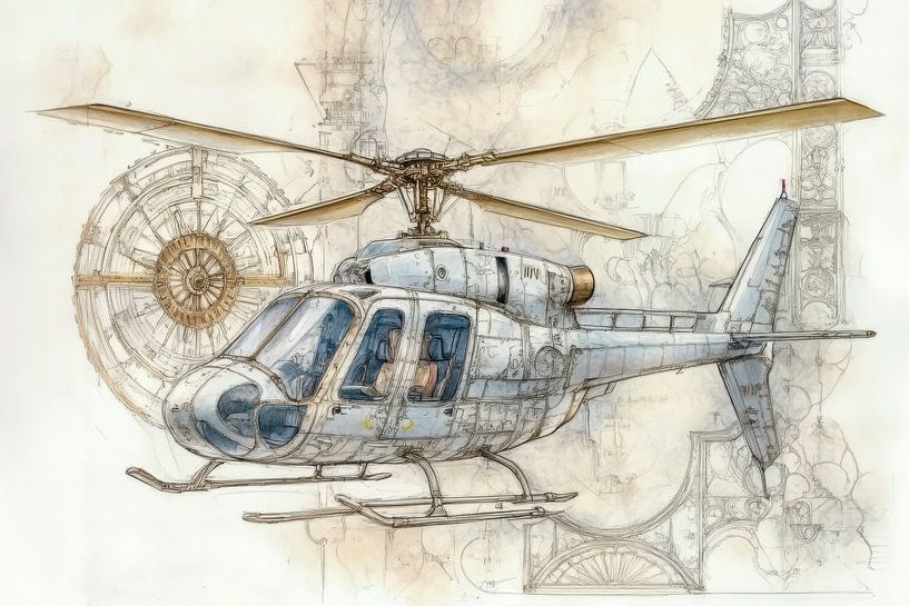 Detaillierte Zeichnung eines Hubschraubers - "Vintage Aviation" von Peter Pen Zeichnungen und Gemälde