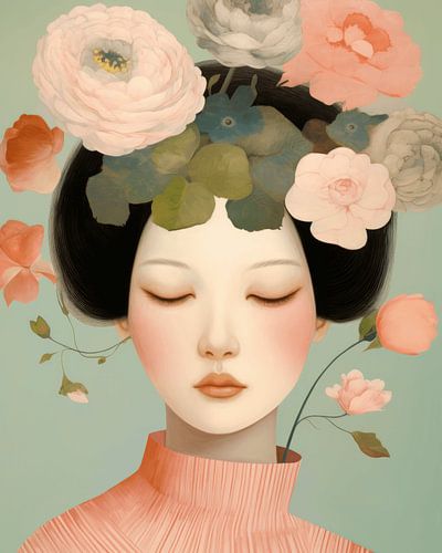 Portrait in pastel colours with flowers by Carla Van Iersel