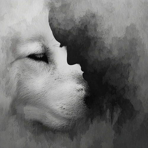 Stille Trouw van de Pyrenese Berghond | Abstracte Zwart-Wit Wandkunst