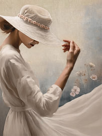 An elegant woman wearing a pastel-coloured summer hat