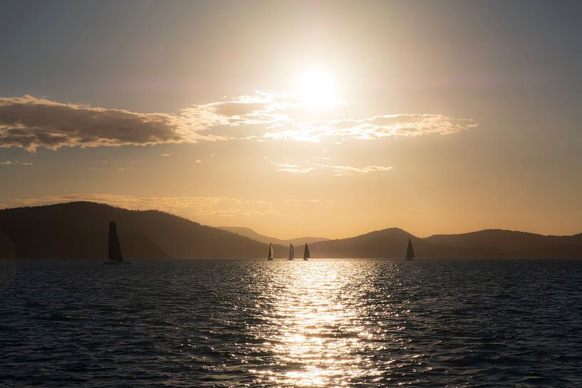 Zeilen bij zonsondergang voor de kust van Australië van Diane Bonnes