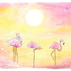 Tropical beach vibes with flamingos in the sun by Markus Bleichner