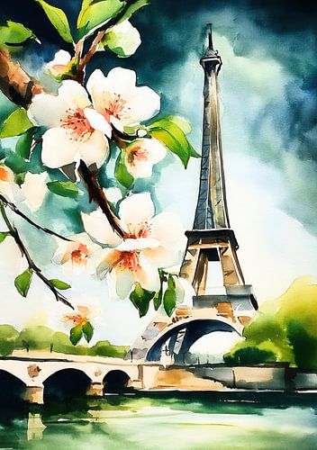 Eiffeltoren met bloemen - Aquarel Parijs