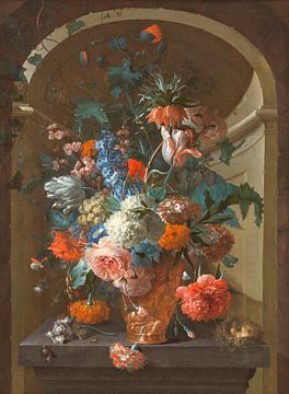 Still life with flower bouquet and bird's nest in a niche, Coenraet Roepel
