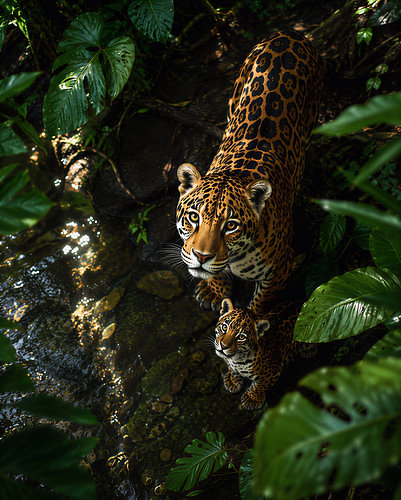 Een jaguar en haar welp in het regenwoud