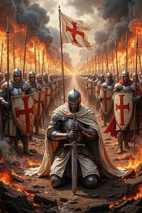 Dark Fantasy Wandbild: REDEMPTOR - Der kniende Kreuzritter vor der Armee der Templer