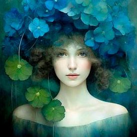 The underwater woman with blue water lilies. by Ineke de Rijk