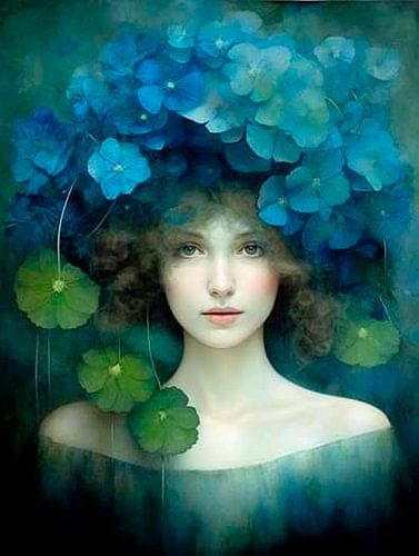 La femme sous l'eau avec des nénuphars bleus.