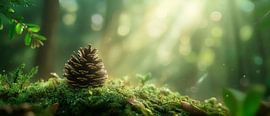 Pomme de pin dans la lumière moussue de la forêt sur Poster Art Shop