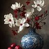 Magnolia Stilleven - Wit en Rood Bloemenschilderij in Delfts Blauwe Vaas van Joriali Fine Art