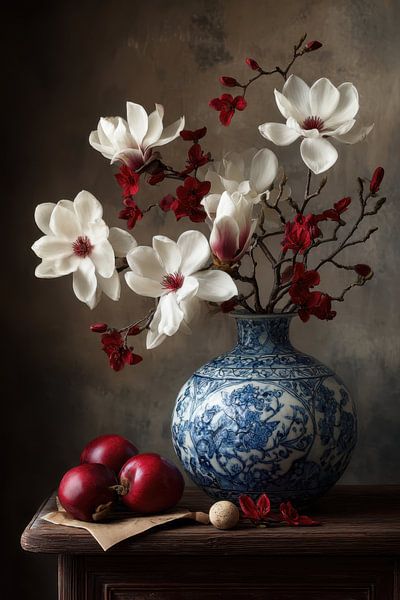 Magnolia Still Life - White and Red Flower Painting in Delft Blue Vase by Joriali Fine Art