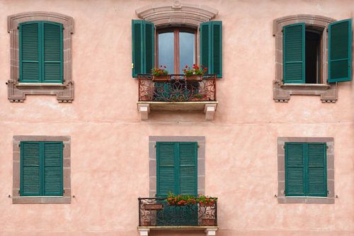 Roze gebouw met groene luiken | reisfotografie print | Bosa Sardinië Italië