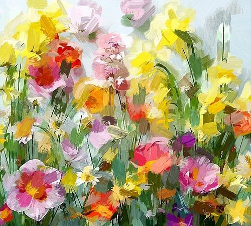 Een kleurrijk lente portret van bloemen abstract expressionisme modern stijl.