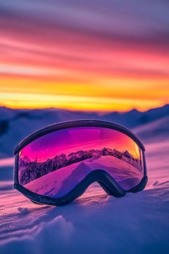 Zonsondergang met skibril in de sneeuw van Poster Art Shop