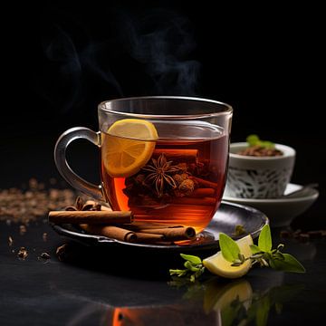 Cup of tea with ingredients closeup by TheXclusive Art