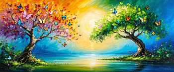 Enchanting sunrise at the forest lake - Dancing butterflies frame two majestic trees in a blaze of colour and green leaves, while the golden morning light is gently reflected in the still water