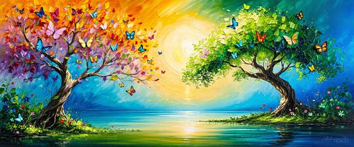 Betoverende zonsopgang bij het bosmeer - Dansende vlinders omlijsten twee majestueuze bomen in een uitbarsting van kleur en groene bladeren, terwijl het gouden ochtendlicht zachtjes wordt weerspiegeld in het stille water