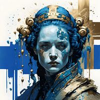 Contemplatie portret in donker blauw en goud