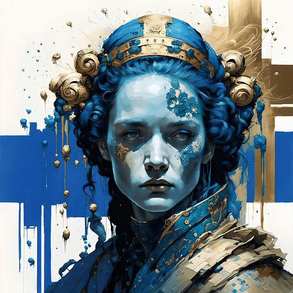 Portrait de contemplation en bleu foncé et or par Anouk Maria