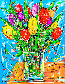 Stilleven, tulpen in glazen vaas van Kleine Atelier
